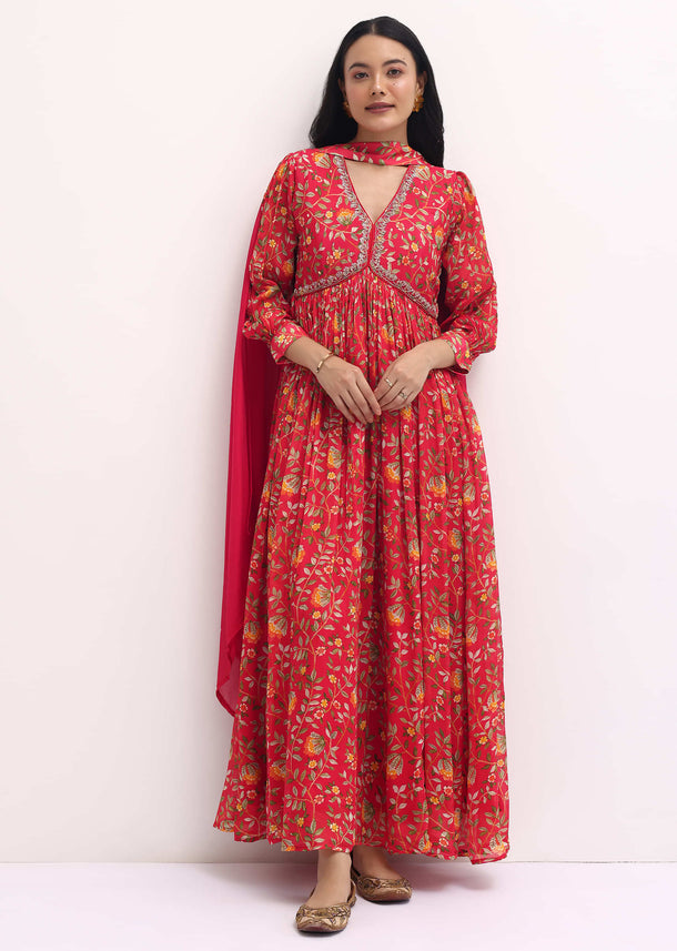 Red Embroidered Chiffon Anarkali Suit