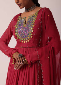 Red Embroidered Chiffon Anarkali With Dupatta