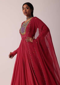 Red Embroidered Chiffon Anarkali With Dupatta