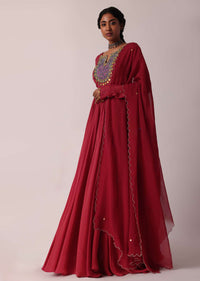 Red Embroidered Chiffon Anarkali With Dupatta