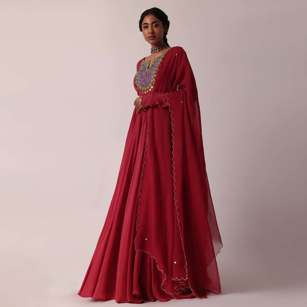 Red Embroidered Chiffon Anarkali With Dupatta