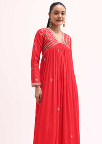 Red Embroidered Chiffon Gown