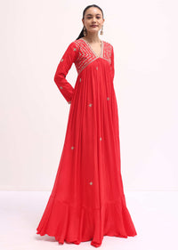 Red Embroidered Chiffon Gown