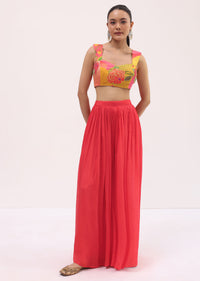 Red Embroidered Chinon Crop Top Palazzo Set