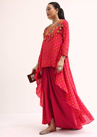 Red Embroidered Cotton Kurta Dhoti