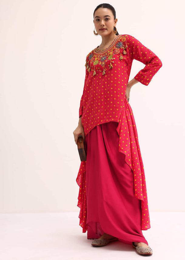 Red Embroidered Cotton Kurta Dhoti