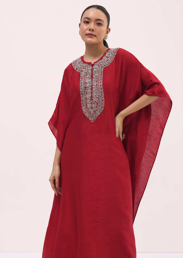 Red Embroidered Kaftaan Kurta Pant Set