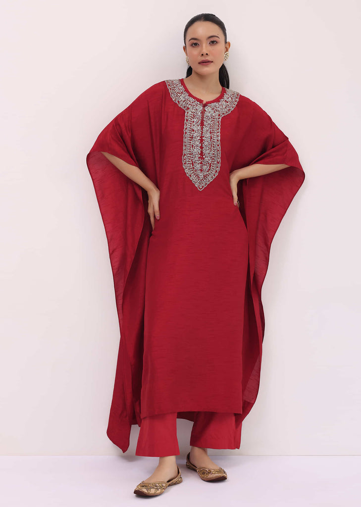 Red Embroidered Kaftaan Kurta Pant Set