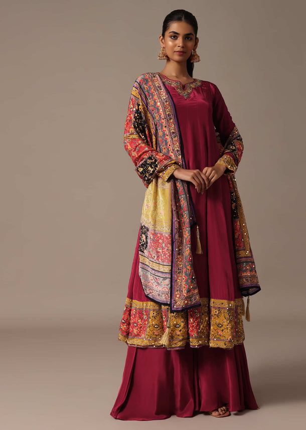 Red Embroidered Kurta Palazzo Set With Mirror Work Dupatta