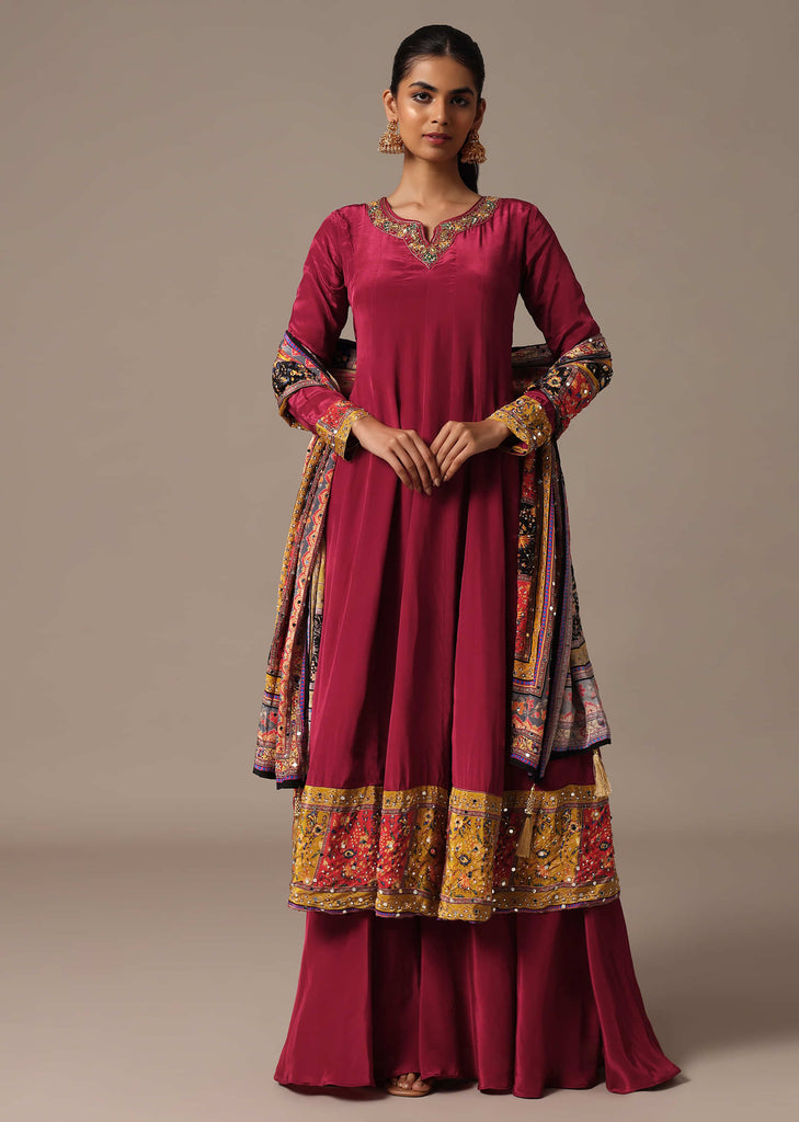 Red Embroidered Kurta Palazzo Set With Mirror Work Dupatta