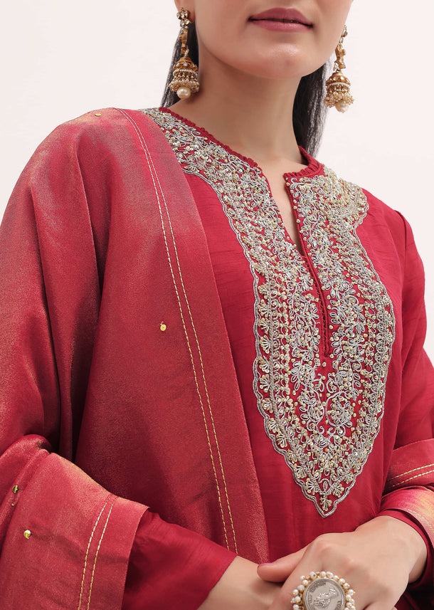 Red Embroidered Kurta Pant Set