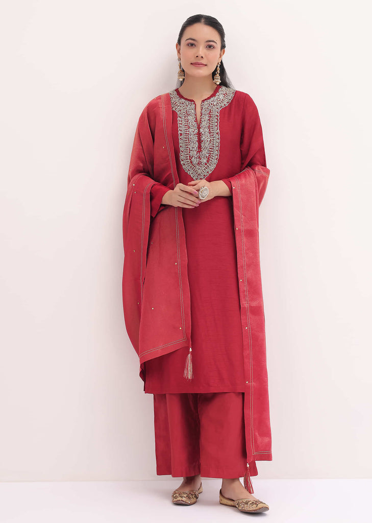 Red Embroidered Kurta Pant Set