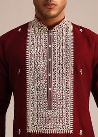 Red Embroidered Kurta Set In Silk