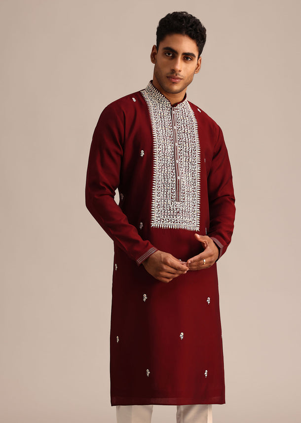 Red Embroidered Kurta Set In Silk