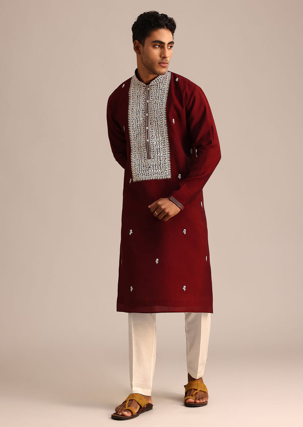 Red Embroidered Kurta Set In Silk