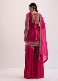 Red Embroidered Kurta With Sharara And Dupatta