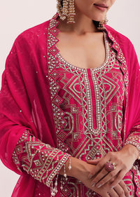 Red Embroidered Kurta With Sharara And Dupatta