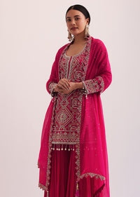 Red Embroidered Kurta With Sharara And Dupatta