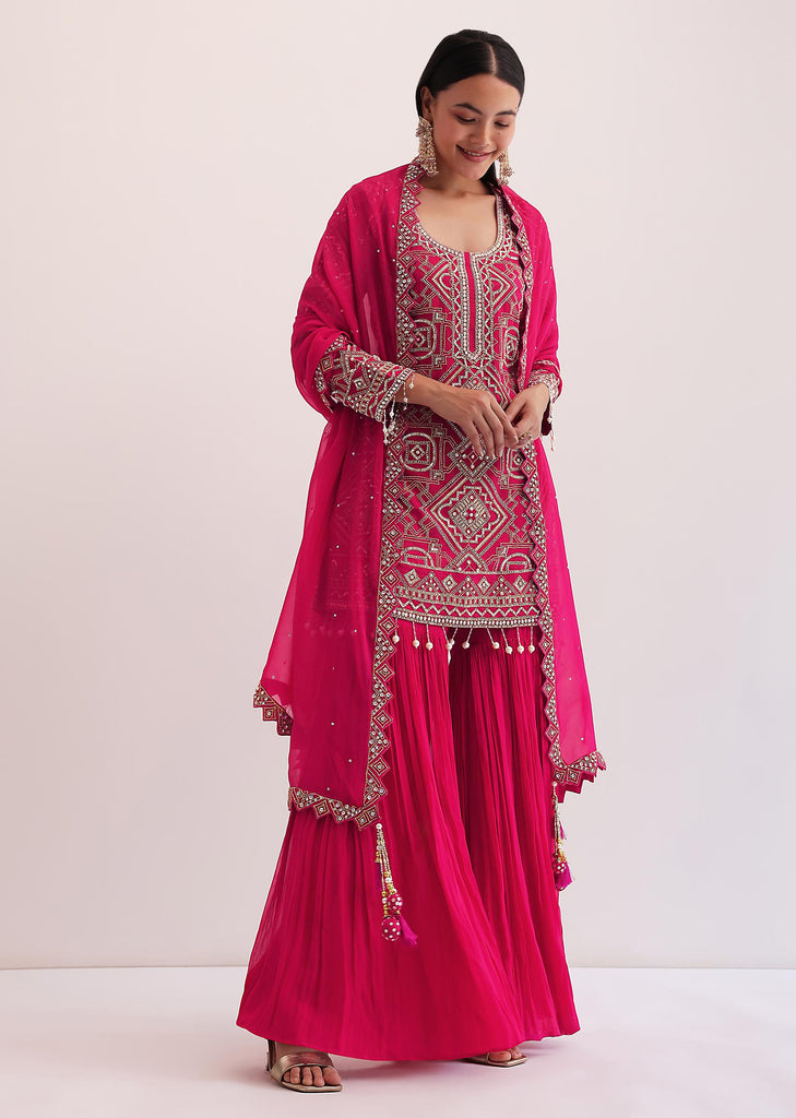 Red Embroidered Kurta With Sharara And Dupatta