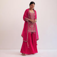 Red Embroidered Kurta With Sharara And Dupatta