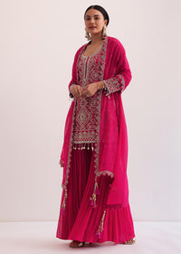 Red Embroidered Kurta With Sharara And Dupatta