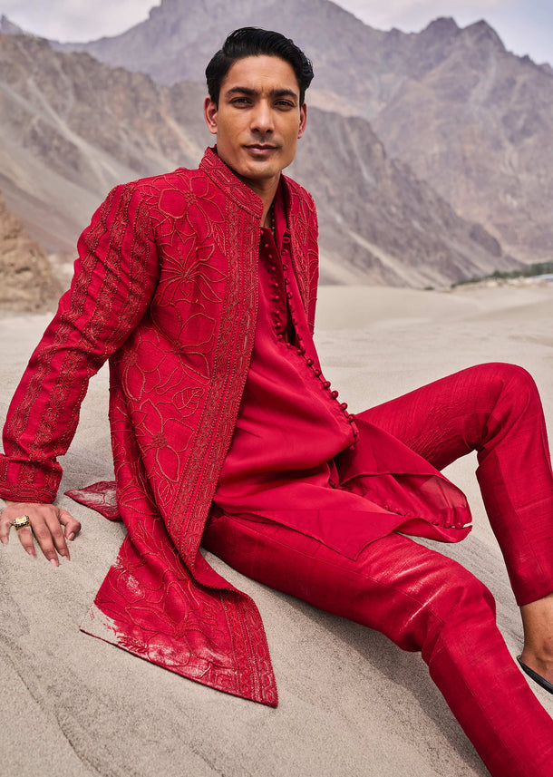 Red Embroidered Long Sherwani Suit With Dupatta