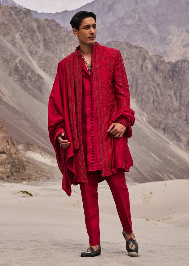 Red Embroidered Long Sherwani Suit With Dupatta