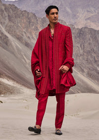 Red Embroidered Long Sherwani Suit With Dupatta