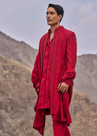 Red Embroidered Long Sherwani Suit With Dupatta