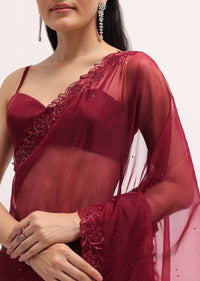 Red Embroidered Organza Saree With Unstitched Blouse