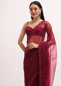 Red Embroidered Organza Saree With Unstitched Blouse
