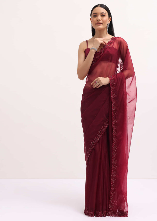 Red Embroidered Organza Saree With Unstitched Blouse