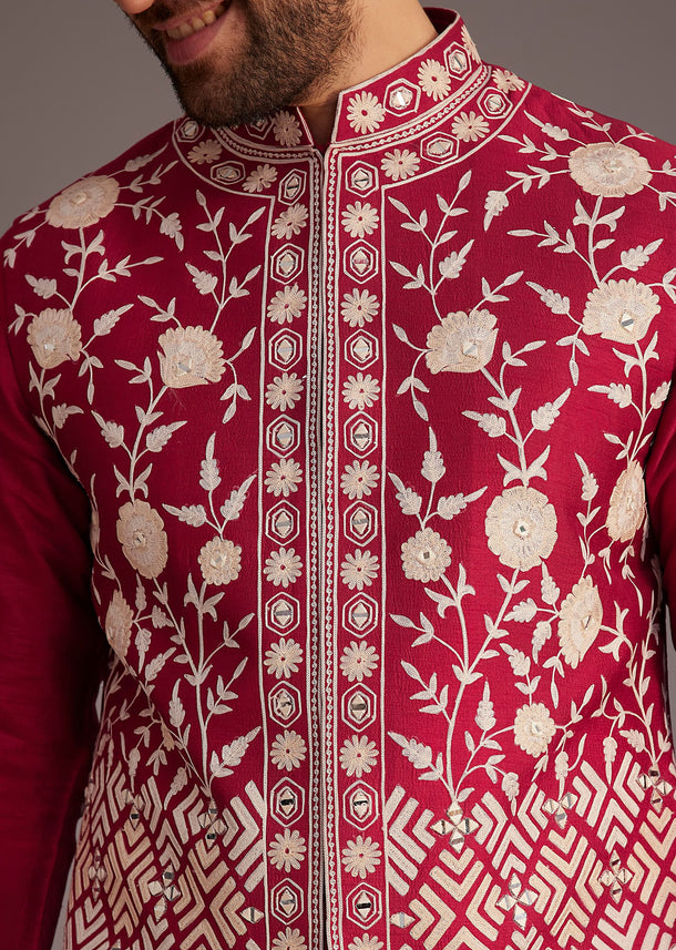Red Floral Embroidered Jacket Kurta Set