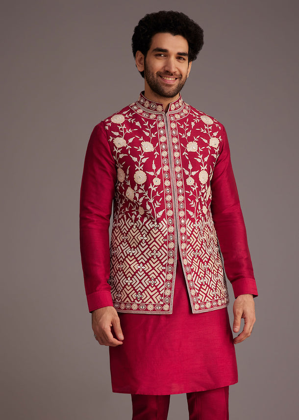 Red Floral Embroidered Jacket Kurta Set