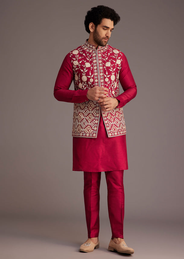 Red Floral Embroidered Jacket Kurta Set