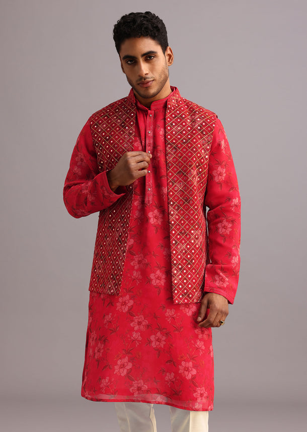 Red Floral Print Jacket Kurta Set In Georgette