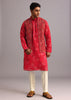 Red Floral Print Jacket Kurta Set In Georgette