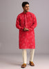 Red Floral Print Jacket Kurta Set In Georgette