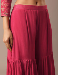 Red Floral Print Peplum Top And Sharara Set