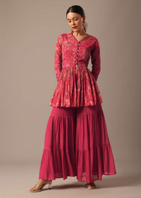 Red Floral Print Peplum Top And Sharara Set