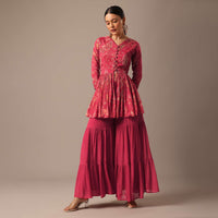 Red Floral Print Peplum Top And Sharara Set
