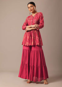Red Floral Print Peplum Top And Sharara Set