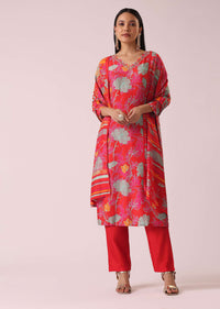 Red Floral Print Silk Kurta Set