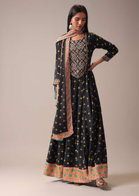 Black Floral Printed Anarkali Suit Set In Art Silk
