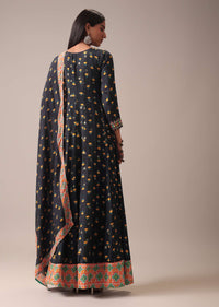 Black Floral Printed Anarkali Suit Set In Art Silk