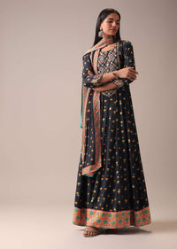 Black Floral Printed Anarkali Suit Set In Art Silk