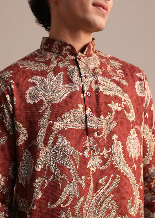 Red Floral Printed Kurta For Men