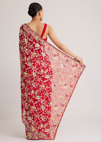Red Georgette Parsi Gara Saree With Multicolor Thread Embroidery