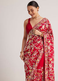 Red Georgette Parsi Gara Saree With Multicolor Thread Embroidery
