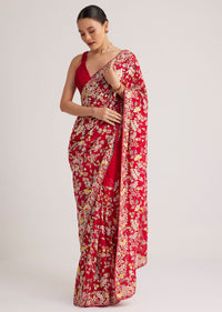 Red Georgette Parsi Gara Saree With Multicolor Thread Embroidery